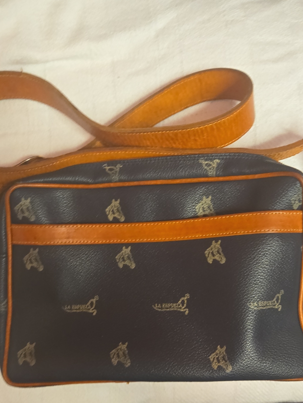 Navy and Tan Horse-Pattern Crossbody Bag